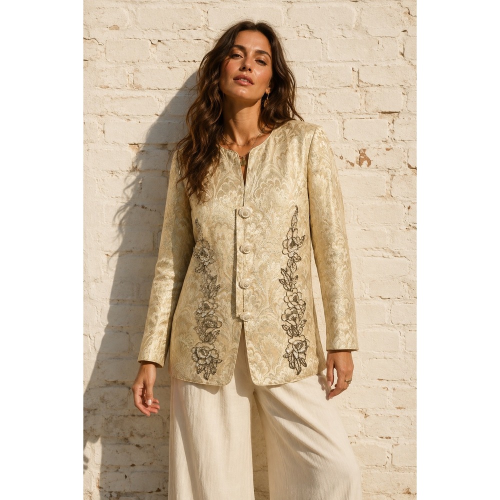 Vintage Karen Lawrence Gold Metallic Cotton Damask Beaded Evening Jacket L XL